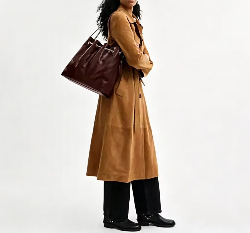 Diagonal Stitch Chain Strap Large Leather Laptop Tote Bag