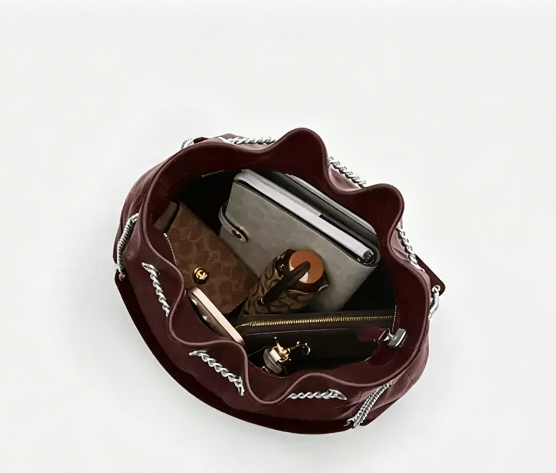 Diagonal Stitch Chain Strap Large Leather Laptop Tote Bag