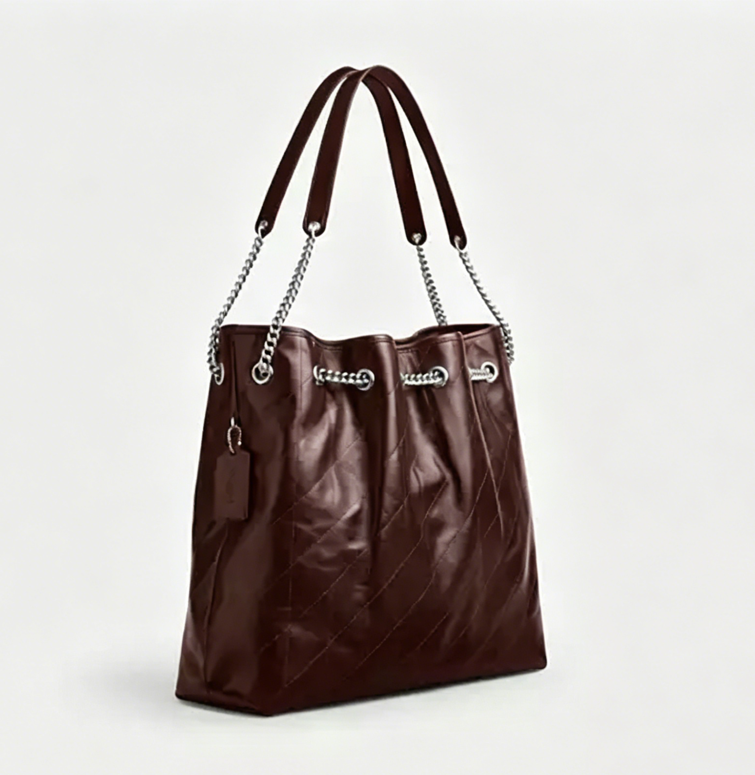 Diagonal Stitch Chain Strap Large Leather Laptop Tote Bag