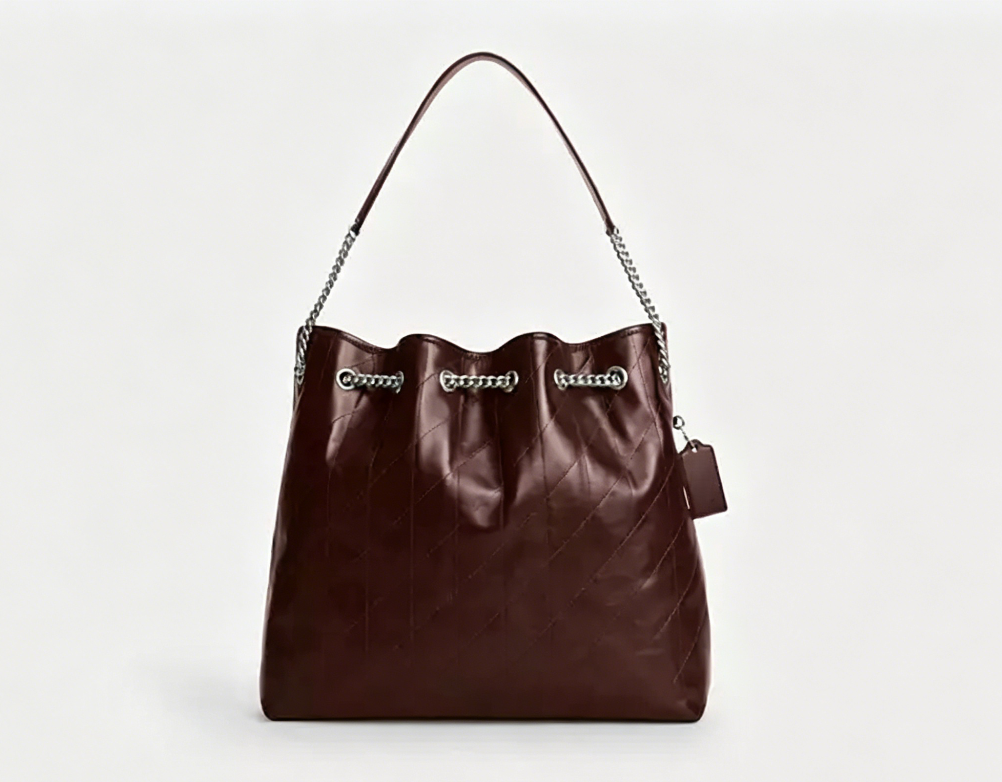 Diagonal Stitch Chain Strap Large Leather Laptop Tote Bag