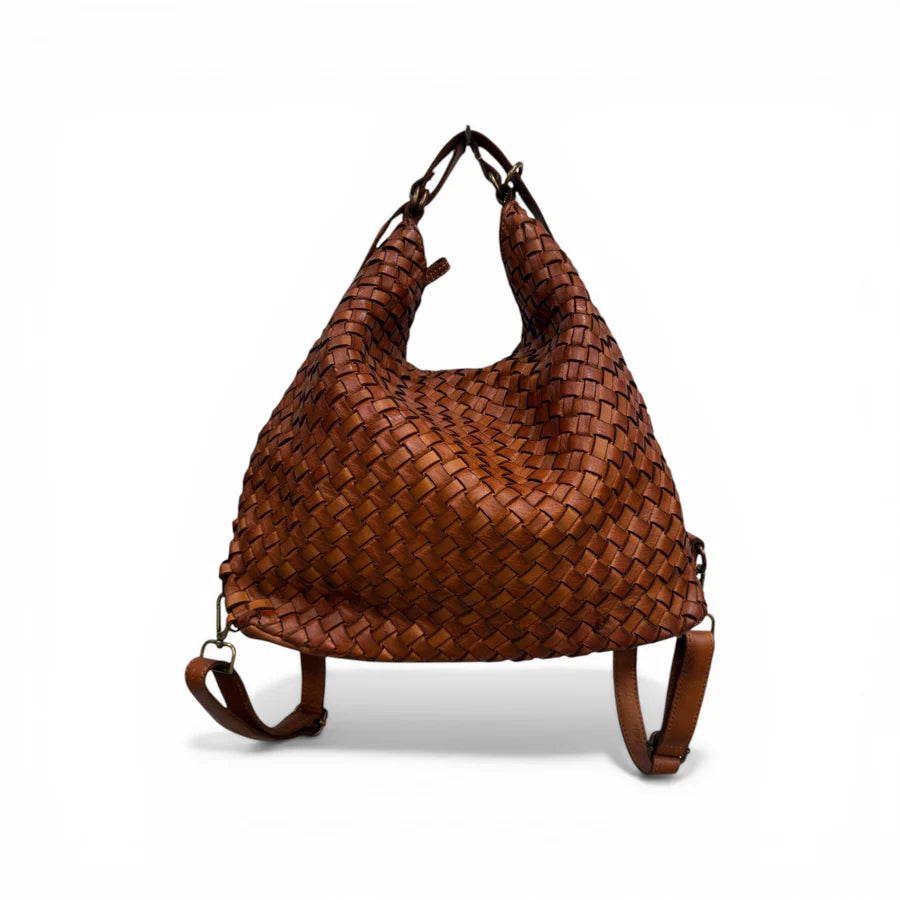 Reversible Woven Leather Convertible Shoulder Backpack Bag