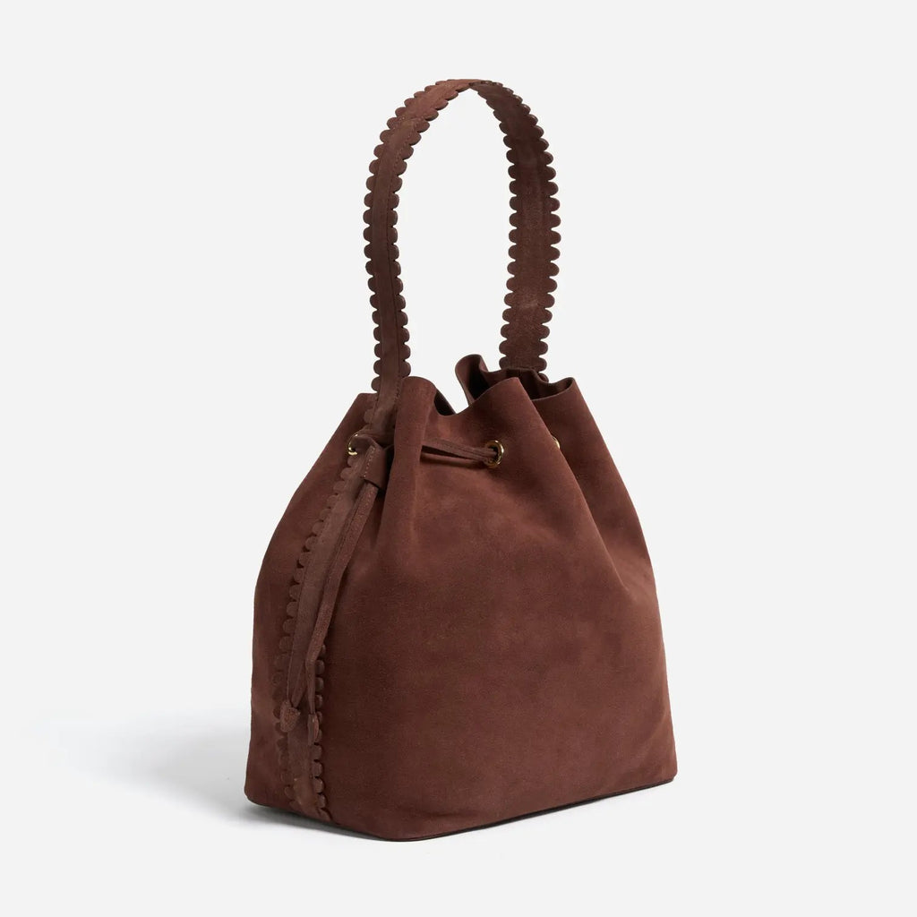 Scalloped Trim Suede Drawstring Bucket Shoulder Bag