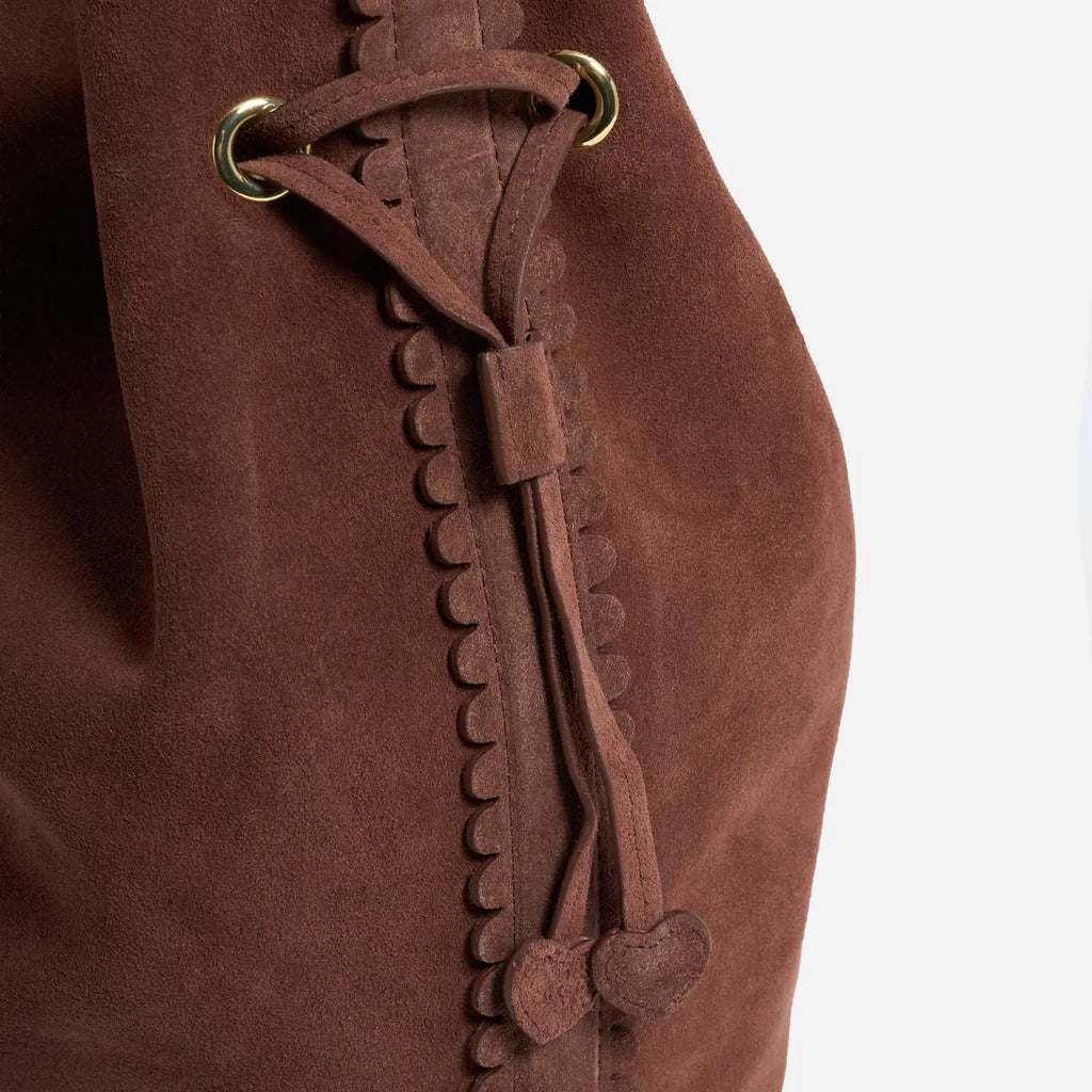 Scalloped Trim Suede Drawstring Bucket Shoulder Bag