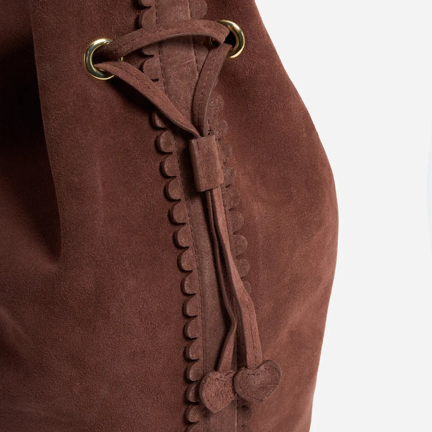 Scalloped Trim Suede Drawstring Bucket Shoulder Bag