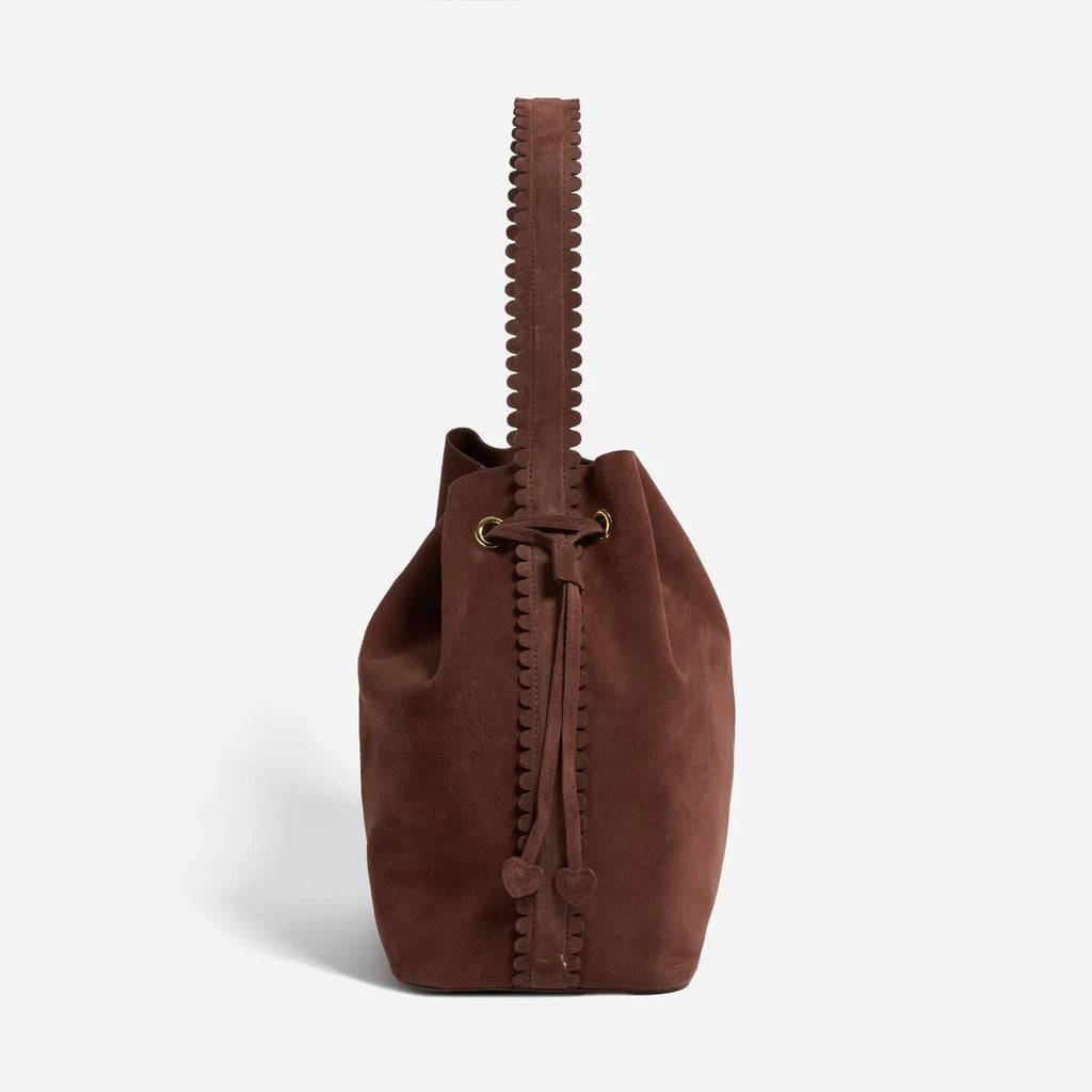 Scalloped Trim Suede Drawstring Bucket Shoulder Bag
