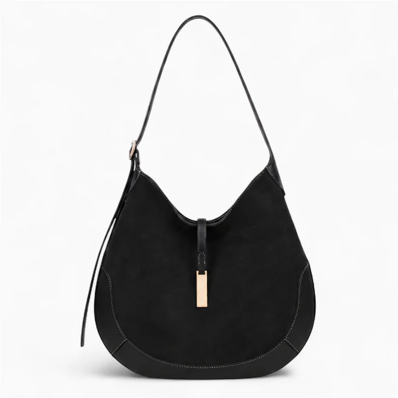 Contrast Trim Suede Curved Hobo Shoulder Bag