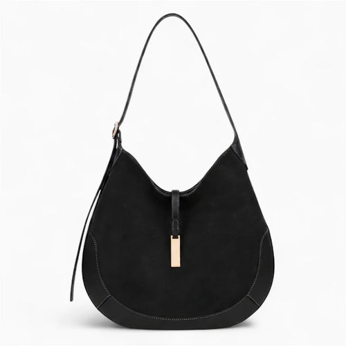 Contrast Trim Suede Curved Hobo Shoulder Bag