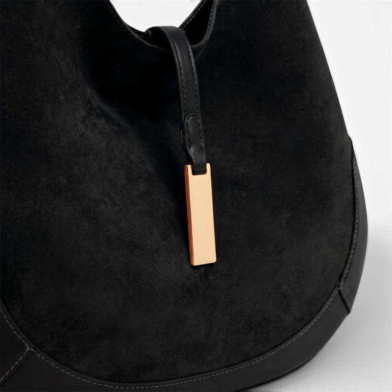 Contrast Trim Suede Curved Hobo Shoulder Bag