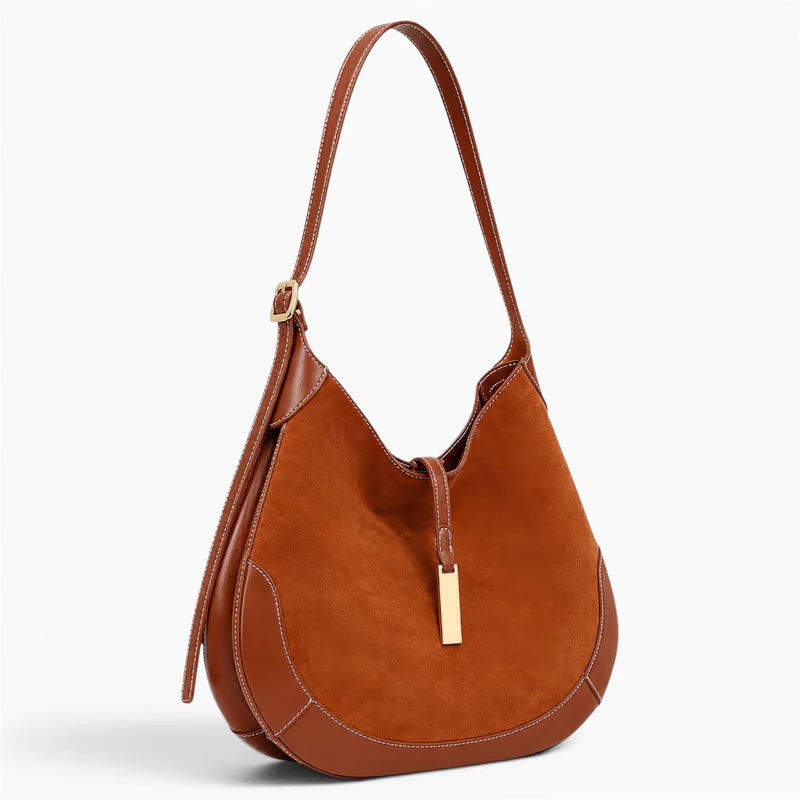 Contrast Trim Suede Curved Hobo Shoulder Bag