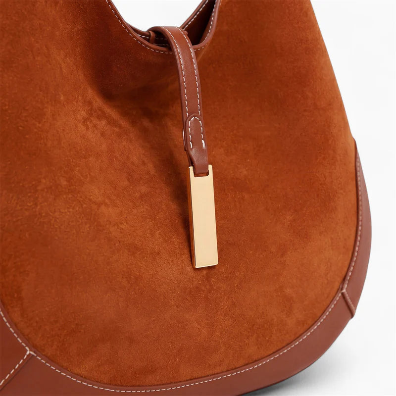 Contrast Trim Suede Curved Hobo Shoulder Bag