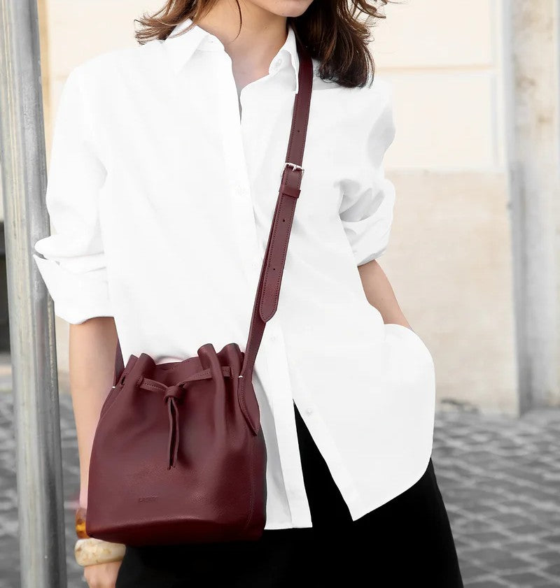 Knotted Drawstring Mini Leather Bucket Crossbody Bag