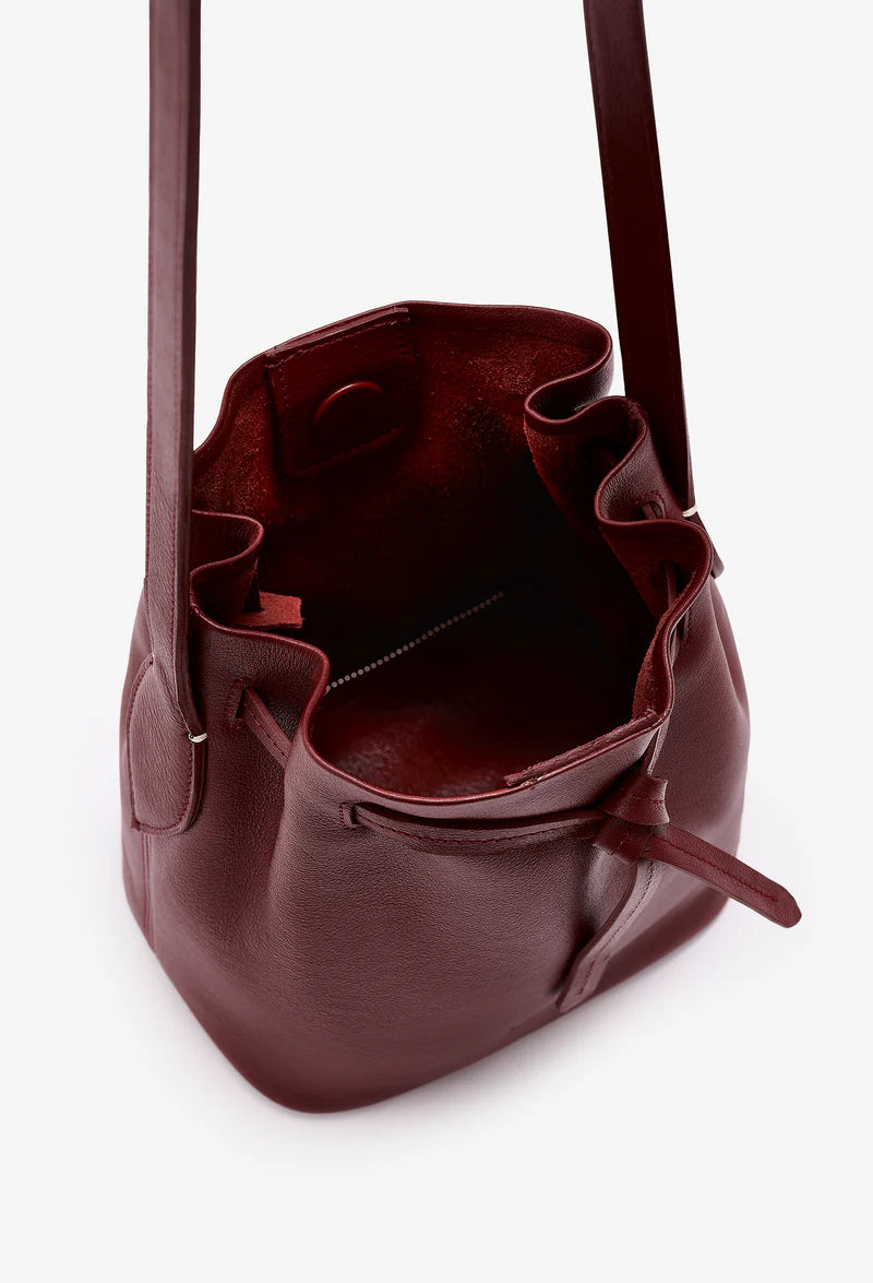Knotted Drawstring Mini Leather Bucket Crossbody Bag
