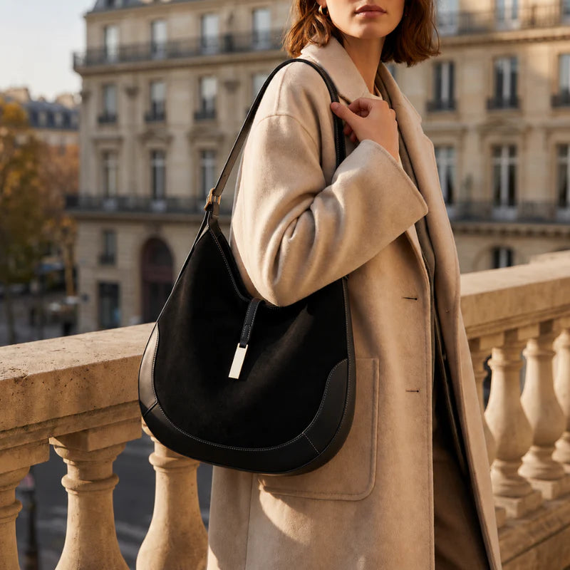 Contrast Trim Suede Curved Hobo Shoulder Bag